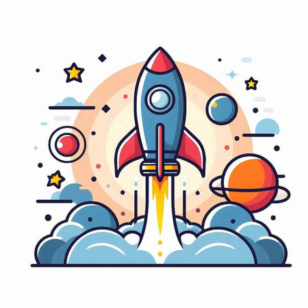 Space rocket flying in outer space. Flat line style vector illustration.のイラスト素材