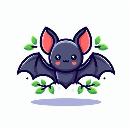 Cute bat with green leaves on white background. Vector illustration.のイラスト素材