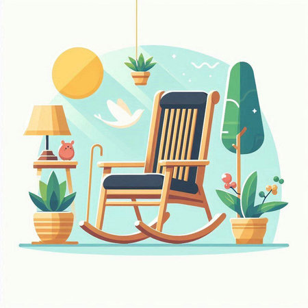 Cartoon rocking chair in the room. Vector illustration in flat styleのイラスト素材