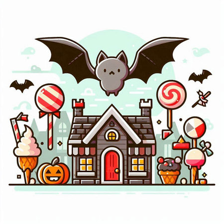 Halloween vector illustration. Cute cartoon house with flying bats, candies, candy, sweets.のイラスト素材