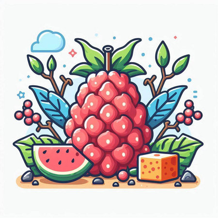 Raspberry fruit and berries. Vector illustration of a berry.のイラスト素材