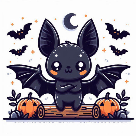 Cute cartoon bat with pumpkins and bats. Vector illustration.のイラスト素材