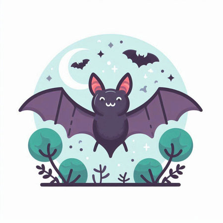 Halloween vector illustration. Cute cartoon bat in the forest.のイラスト素材