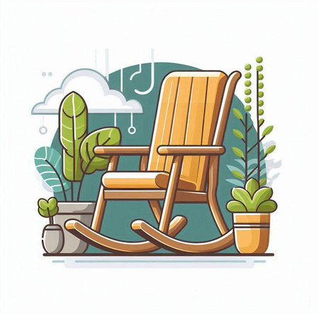 Vector illustration of rocking chair in flat style. Houseplants in pots.のイラスト素材