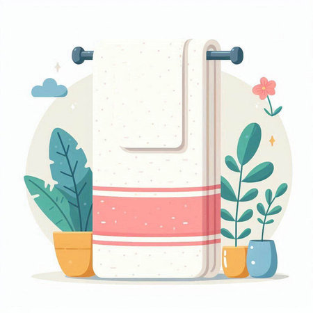Towel and flower pots. Vector illustration in flat style.のイラスト素材