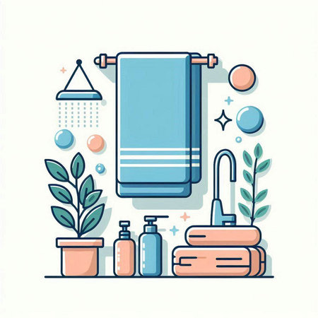 Vector illustration of bathroom interior with towels, shower, soap, shampoo, pumice and plants.のイラスト素材
