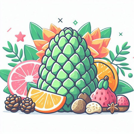 Pineapple, orange, grapefruit, lemon, apple, pear, kiwi. Vector illustrationのイラスト素材