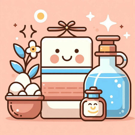 Cute illustration of soap and shampoo in cartoon style. Vector illustration.のイラスト素材