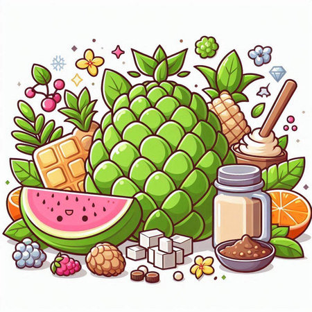 Vector illustration of a lot of fruits and berries. Cartoon style.のイラスト素材