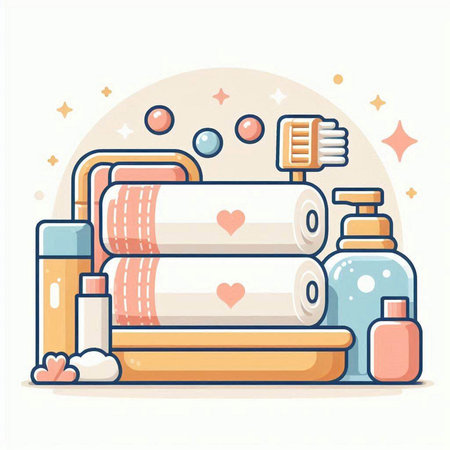 Spa and wellness vector illustration. Flat line style design. Bath accessories, towels, cream, toothbrush, soap, shampoo.のイラスト素材