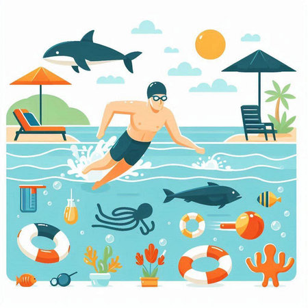 Swimming in the sea. Vector illustration in flat cartoon style.のイラスト素材