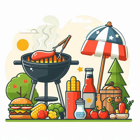 Barbecue party vector illustration in flat cartoon style. Barbeque grill with food and drinks. BBQ party concept.のイラスト素材