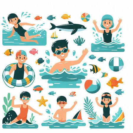 Set of children swimming and diving in the sea. Vector illustration.のイラスト素材