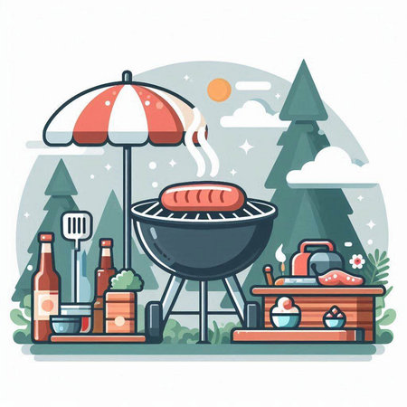 Vector illustration of a barbecue in the forest. Flat design style.のイラスト素材