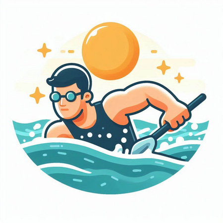 Man in a life jacket and glasses rowing on a paddle in the sea. Vector illustration.のイラスト素材