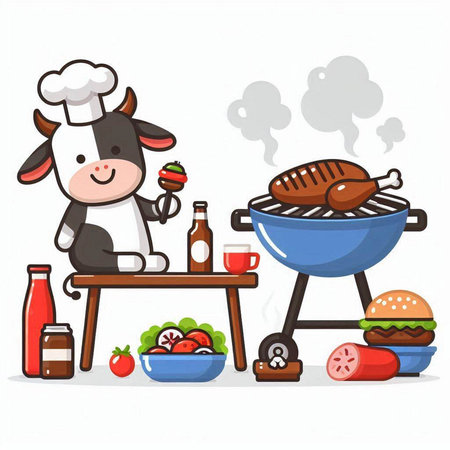 Cute cow cooking on grill. Vector illustration of a cartoon cow with meat and vegetables.のイラスト素材