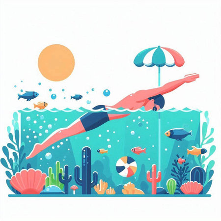Pool diving vector illustration. Cartoon man swimming underwater in the sea.のイラスト素材