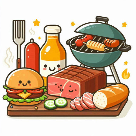 Vector illustration of a hamburger on a barbecue grill with vegetables.のイラスト素材