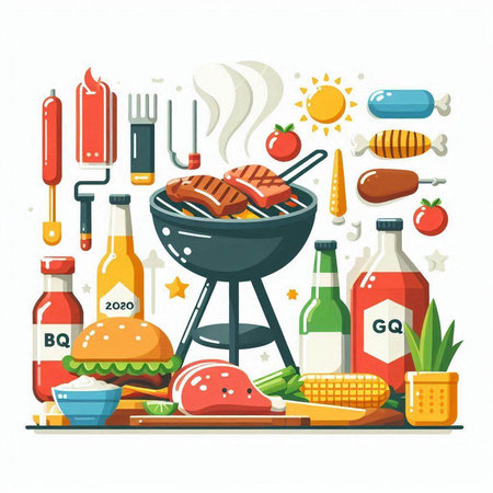 BBQ grill party. Vector illustration in flat style. Barbecue party elements.のイラスト素材