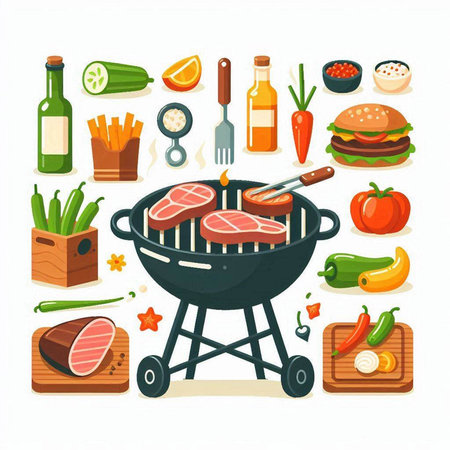 BBQ grill with meat and vegetables. Vector illustration in flat styleのイラスト素材