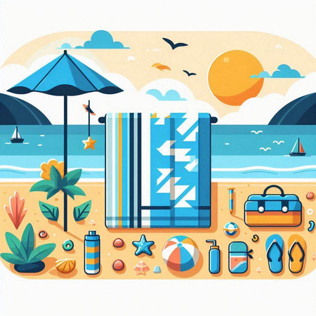 Beach in flat style. Vector illustration. Vacation concept.のイラスト素材