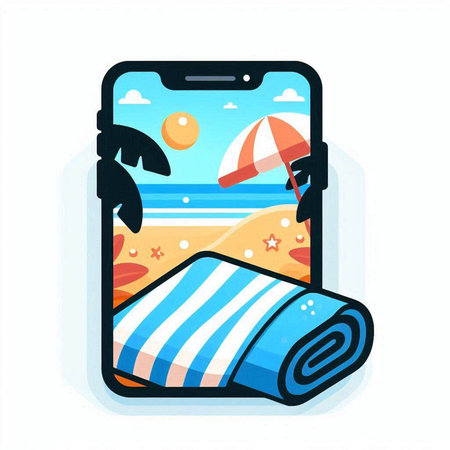 Smartphone with beach towel and sun lounger. Vector illustrationのイラスト素材