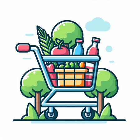 Shopping cart with fruits and vegetables. Flat design vector illustration.のイラスト素材