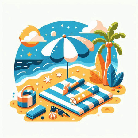 Beach and sea vacation concept. Vector illustration in flat style.のイラスト素材