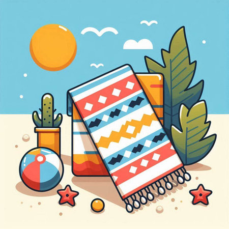 Vector illustration of a flat design of a beach towel and a cactus.のイラスト素材