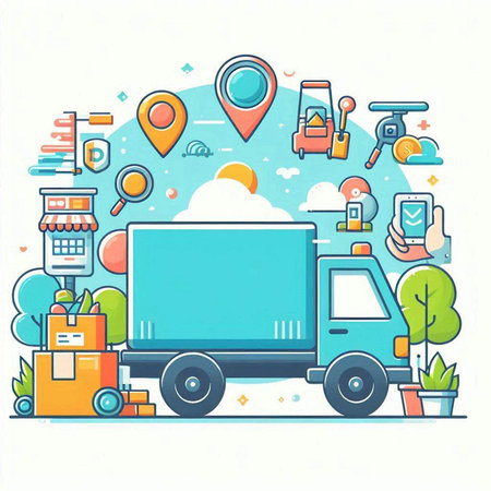 Delivery service concept. Truck with boxes, car, map, location, truck. Vector illustrationのイラスト素材