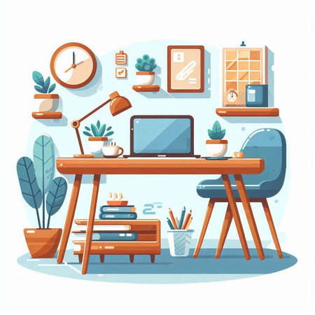 Interior of home office. Workplace with computer, chair, table, books and plants. Flat vector illustrationのイラスト素材