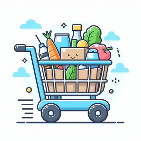 Shopping cart full of food. Vector illustration in flat style.のイラスト素材