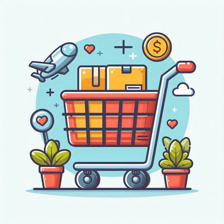 Shopping cart with boxes. Flat design vector illustration. Concept for online shopping.のイラスト素材
