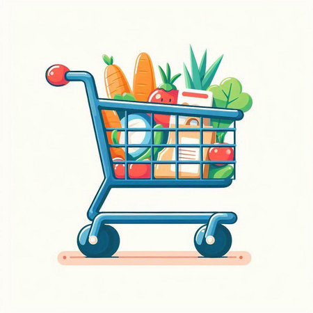 Shopping cart full of fresh vegetables. Vector illustration in cartoon style.のイラスト素材