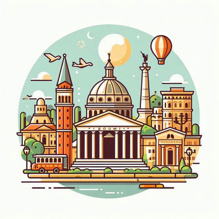 Flat style vector illustration of Rome cityscape. Italy landmark.のイラスト素材