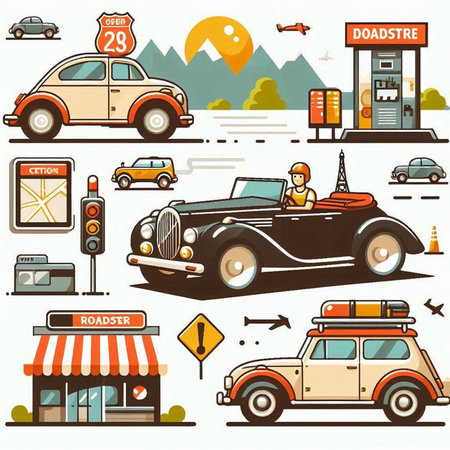 Set of vintage cars and road signs. Vector illustration in retro style.のイラスト素材