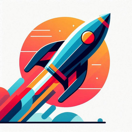 Rocket launch on colorful geometric background. Vector illustration. Eps 10.のイラスト素材