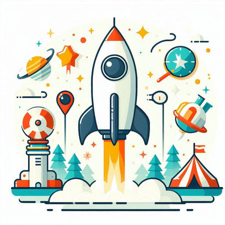 Space rocket launch. Modern flat style vector illustration for web and mobile applicationsのイラスト素材