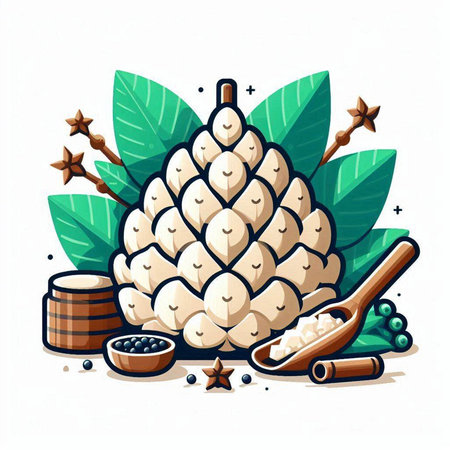 Spices and herbs vector illustration. Pine cone, cinnamon, pepper, nutmeg, cloves, olive oil.のイラスト素材