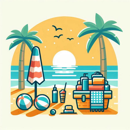 Beach vacation flat vector illustration. Vacation and travel concept.のイラスト素材