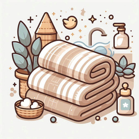 Vector illustration of a spa salon. Towel, cream, salt, shower gel, soap, towel, towel, towel, towel, towel.のイラスト素材
