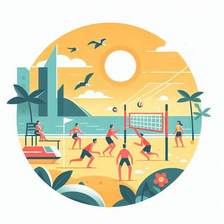 Flat style vector illustration of people playing volleyball on the beach.のイラスト素材