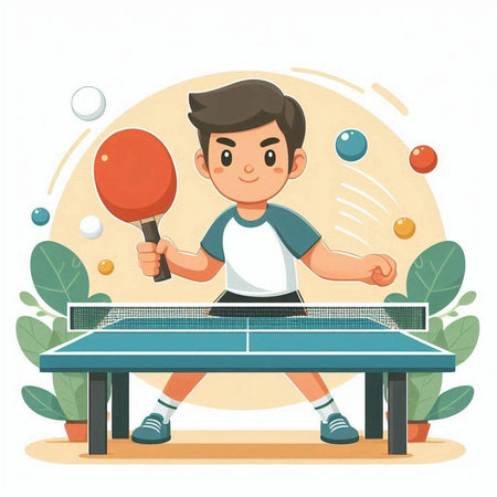 Boy playing table tennis. Cartoon illustration of boy playing table tennis vector illustration.のイラスト素材