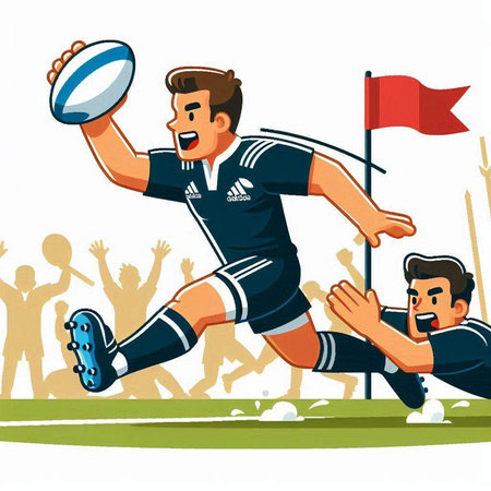 Rugby player in action with ball and flag vector illustration.のイラスト素材