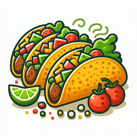 Mexican tacos with lime and tomato on white background. Vector illustration.のイラスト素材