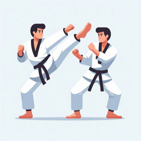Tae Kwon Do or Karate sport vector illustration. Two men in kimono fighting.のイラスト素材