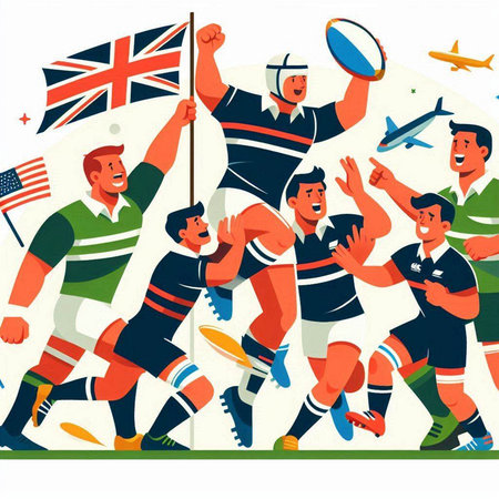 Vector illustration of a group of rugby players and their national flag in a flat style.のイラスト素材