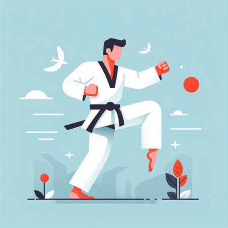 Taekwondo. Man in kimono training. Vector illustration.のイラスト素材
