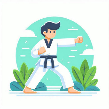 Taekwondo vector illustration. Man in kimono practicing karate.のイラスト素材