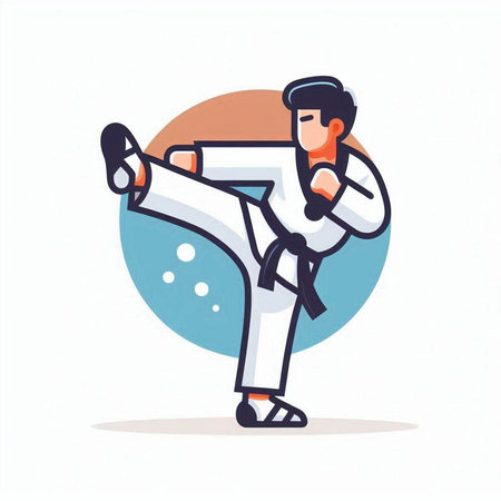 Taekwondo. A man in a kimono beats a kick. Vector illustration.のイラスト素材